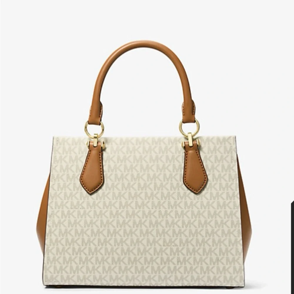NWT Michael Kors Marilyn Vanilla/Luggage Satchel Crossbody Design MSRP $298